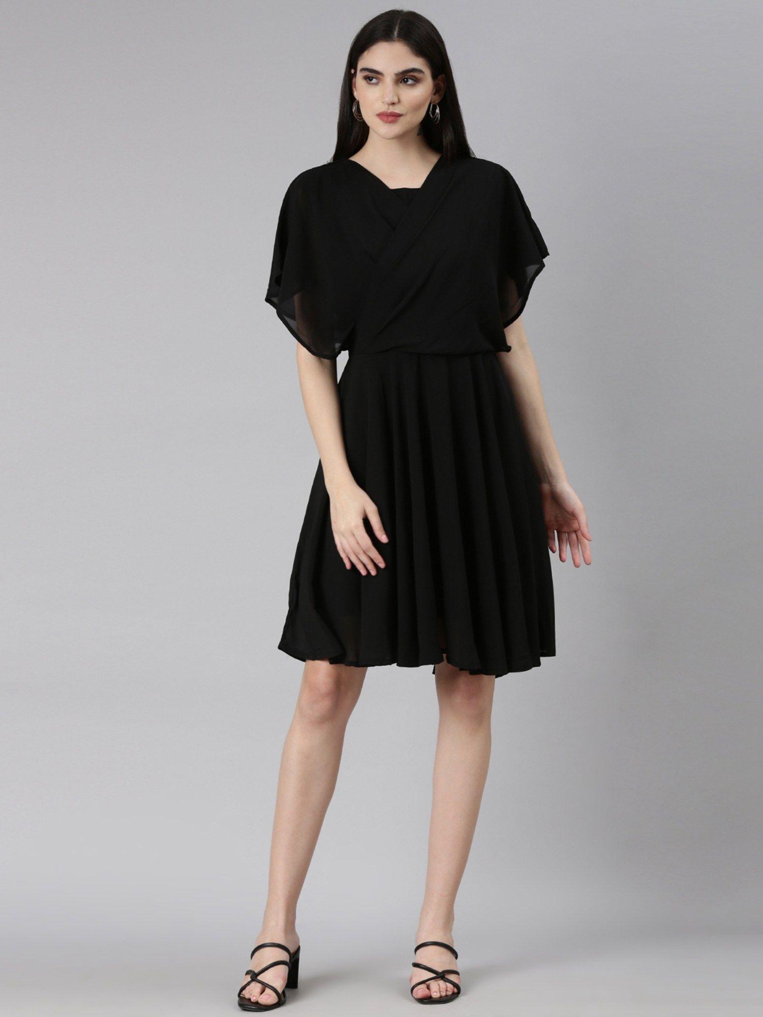 women v-neck short sleeves fit and flare solid black above knee dress