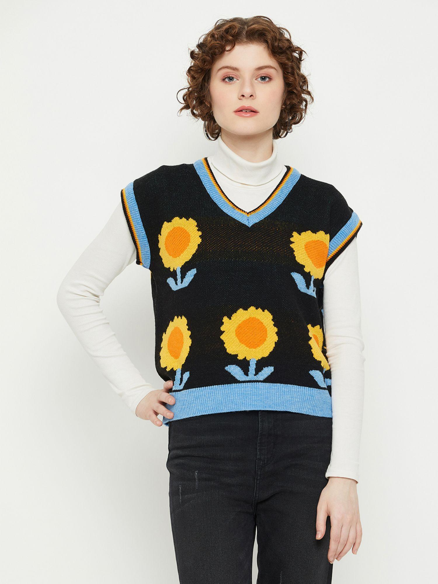 women v-neck sleeveless floral sweater