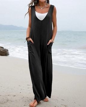 women v-neck sleeveless jumpsuit