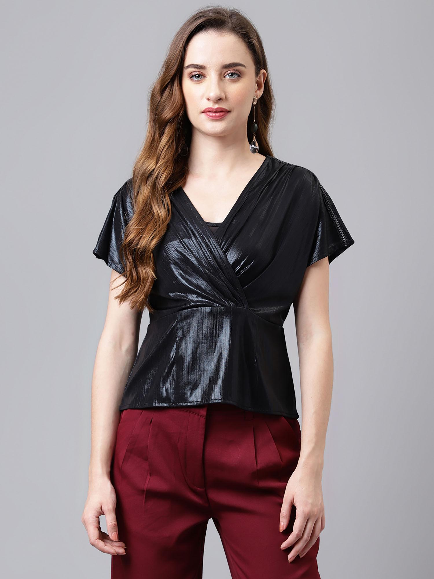 women v-neck solid black color stylish top