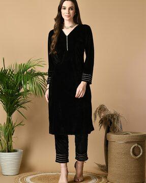 women v-neck straight kurta & pants set