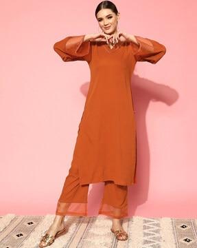 women v-neck straight kurta & pants set