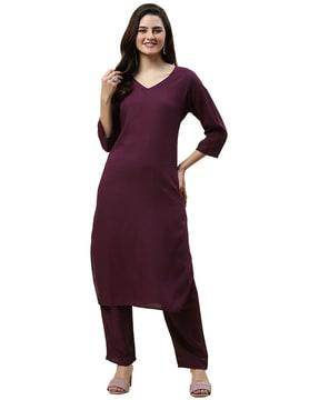 women v-neck straight kurta & pants set