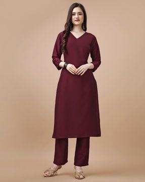 women v-neck straight kurta set