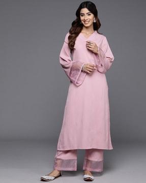 women v-neck straight kurta set