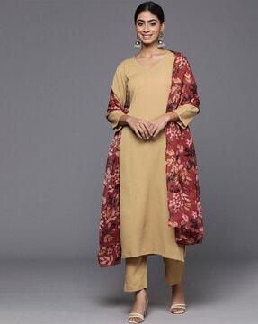 women v-neck straight kurta with pants & dupatta