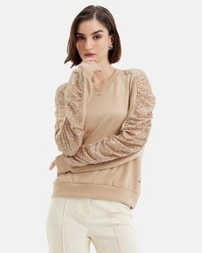 women v-neck sweatshirt with embroidered sleeves