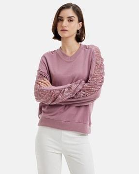 women v-neck sweatshirt with embroidered sleeves