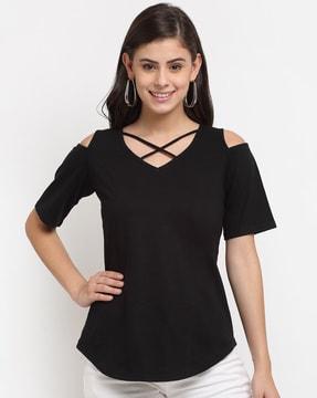 women v-neck t-shirt with cold-shoulder sleeves