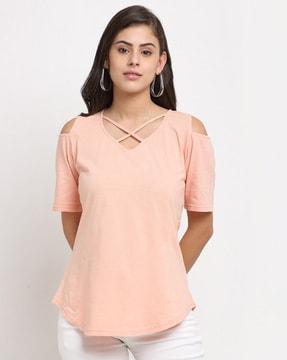 women v-neck t-shirt with cold-shoulder sleeves