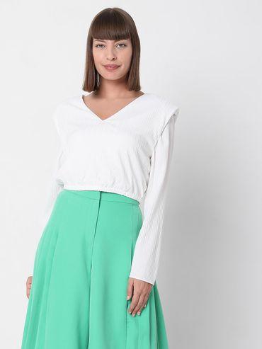 women v neck textured full sleeve white top