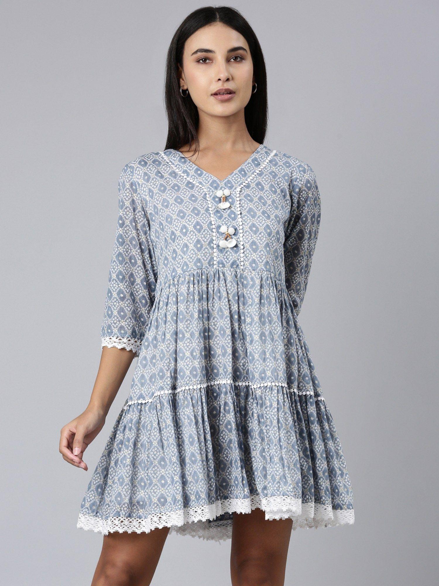 women v-neck three fourth sleeves empire paisley blue above knee dress