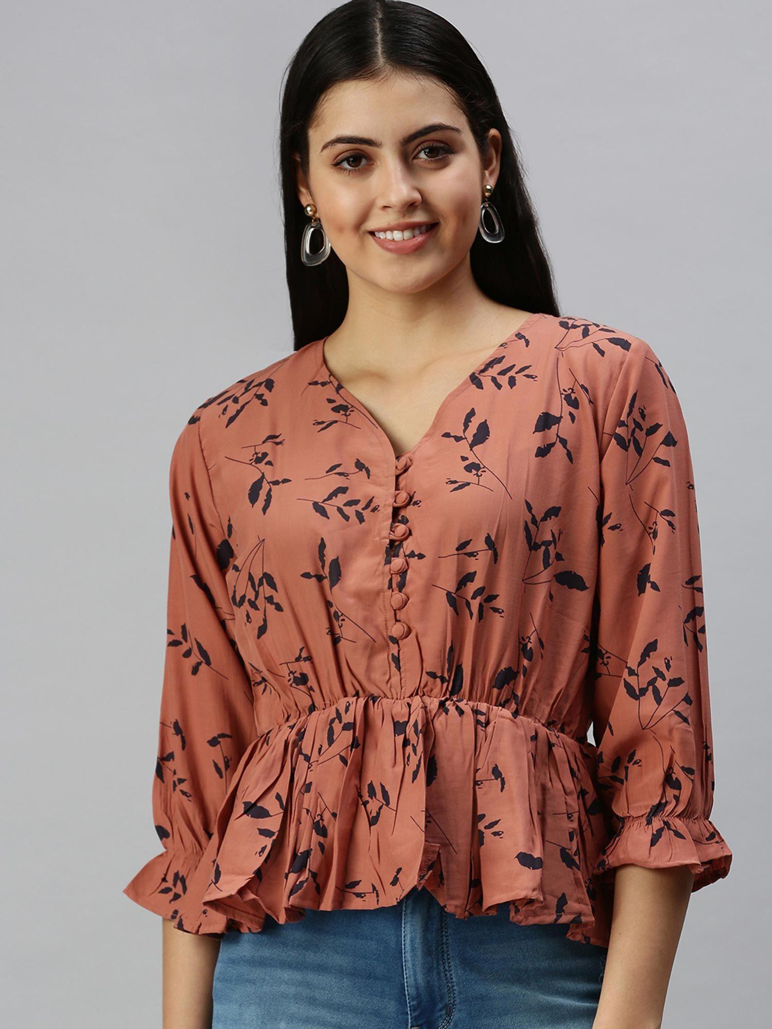 women v-neck three fourth sleeves printed brown top