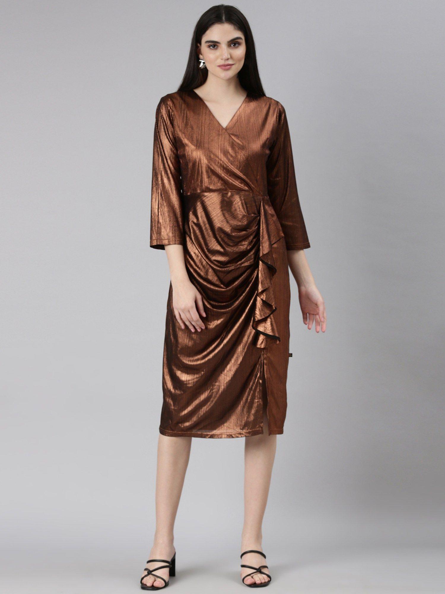 women v-neck three fourth sleeves solid bronze knee length dress