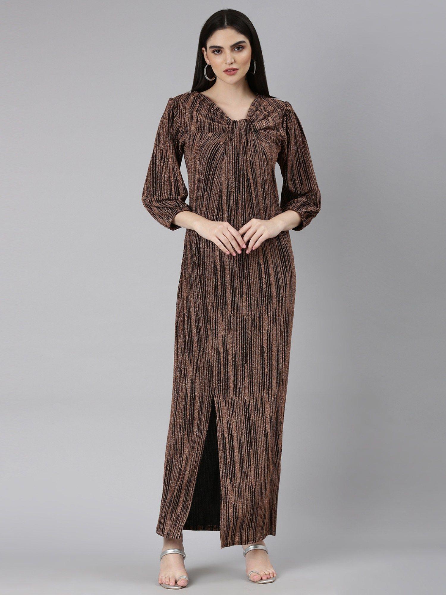 women v-neck three fourth sleeves striped bronze maxi dress