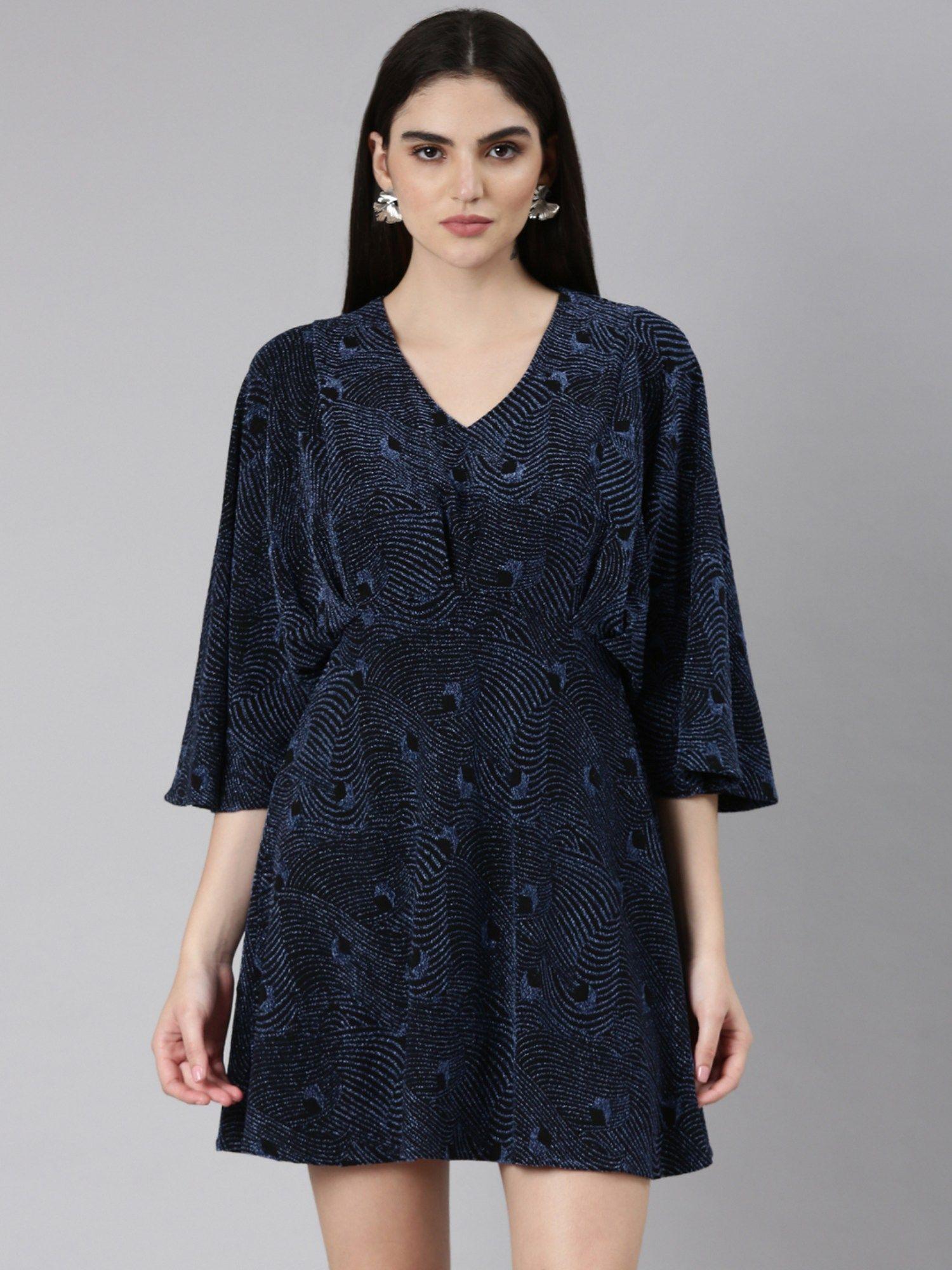 women v-neck three-quarter sleeves a-line embellished blue mini dress