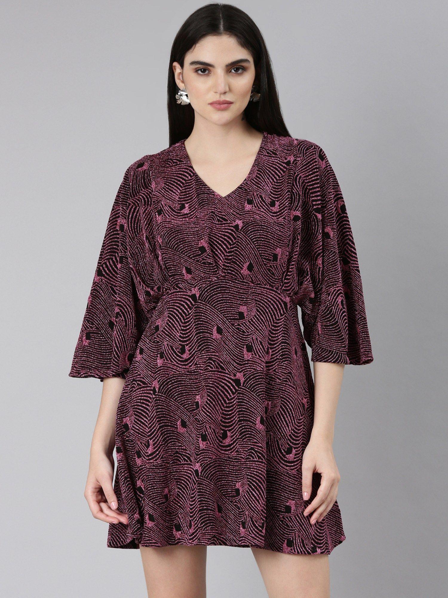 women v-neck three-quarter sleeves a-line embellished pink mini dress