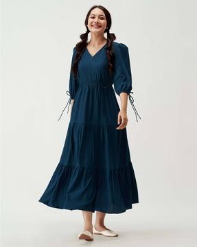 women v-neck tiered dress with bracelet sleeves