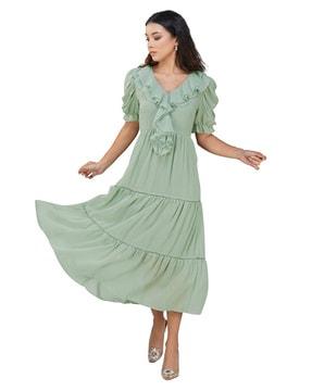 women v-neck tiered dress with ruffled detail