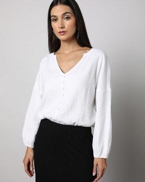 women v-neck top with elasticated hemline