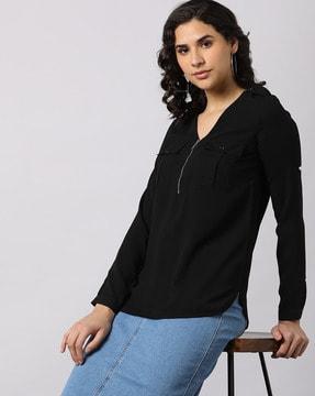 women v-neck top with flap pockets