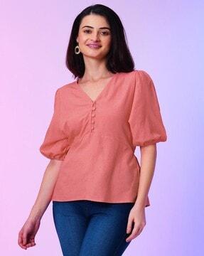 women v-neck top with puff sleeves