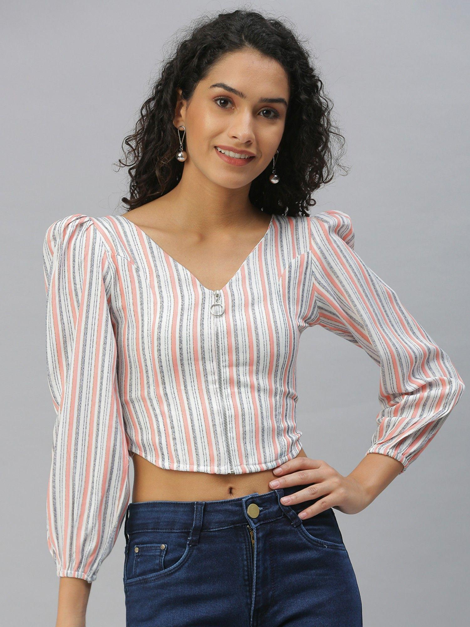 women v-neck vertical stripes peach crop top