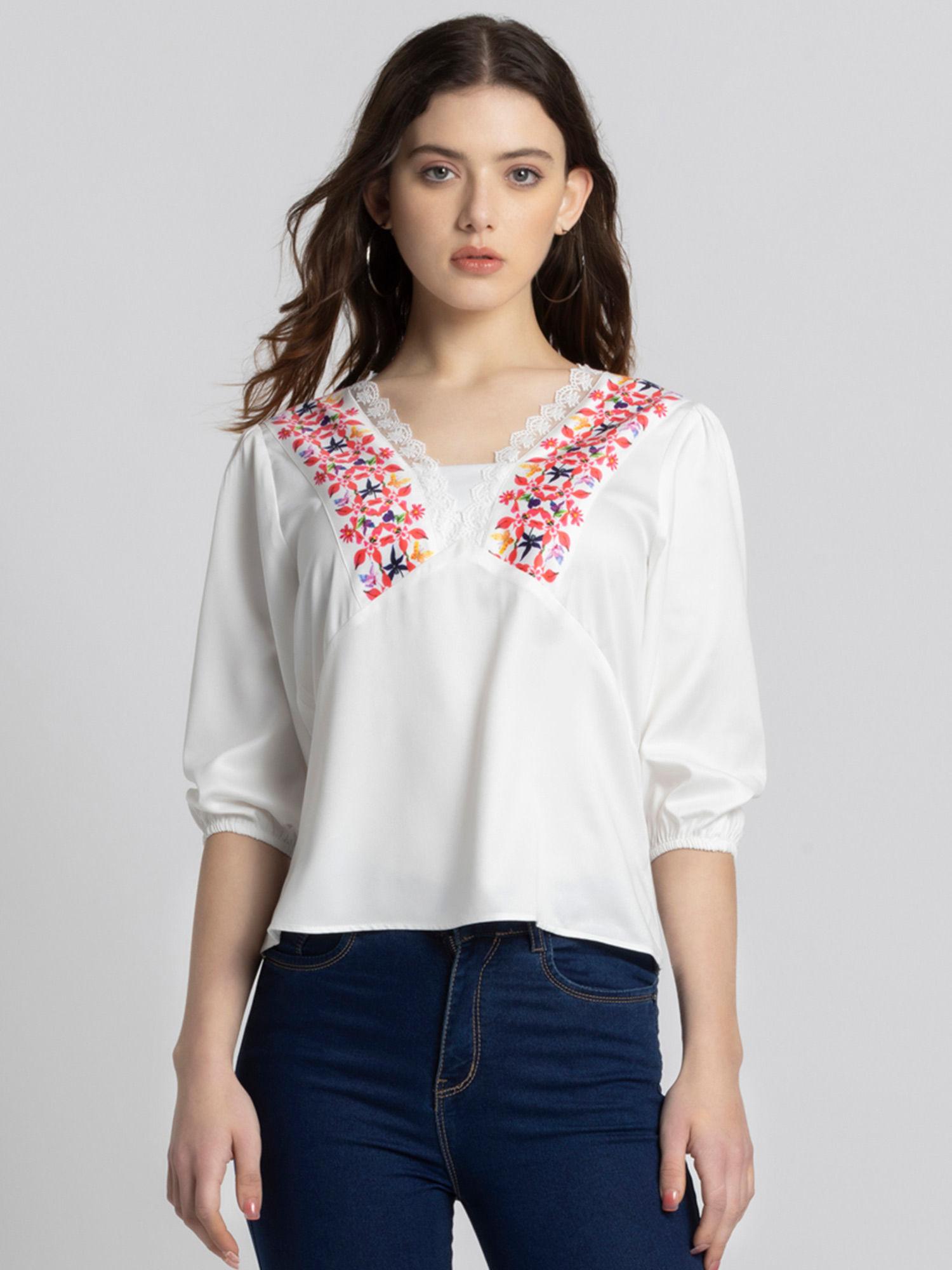 women v-neck white floral print three-quarter sleeves casual tops