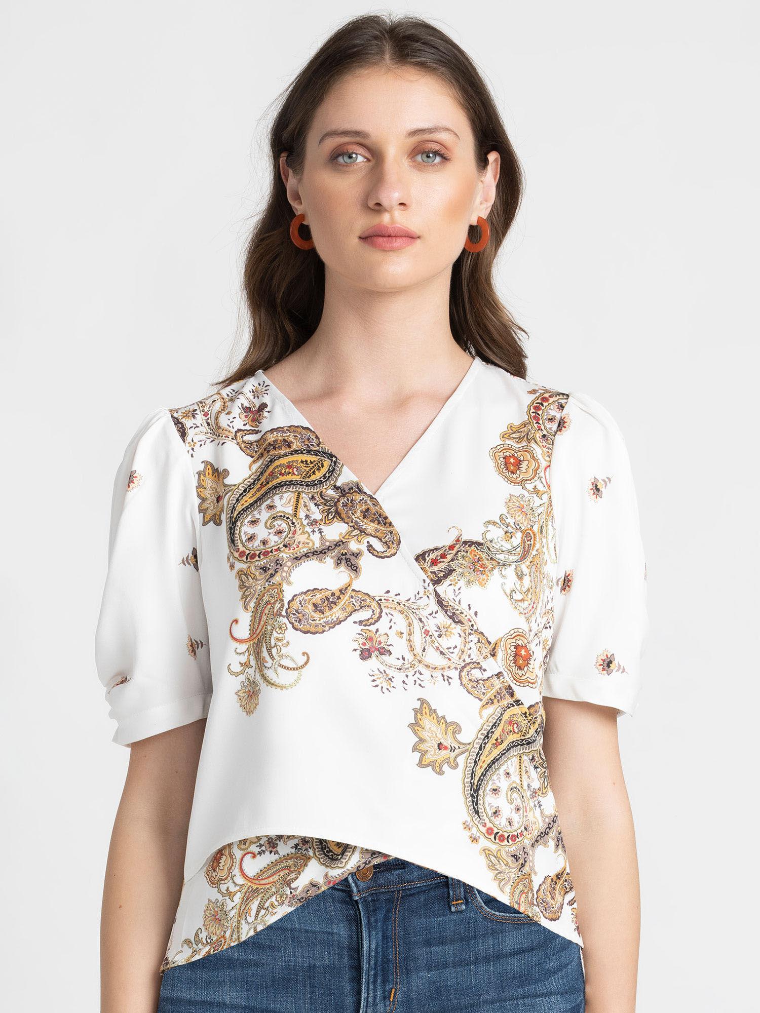 women v-neck white printed short sleeves party top