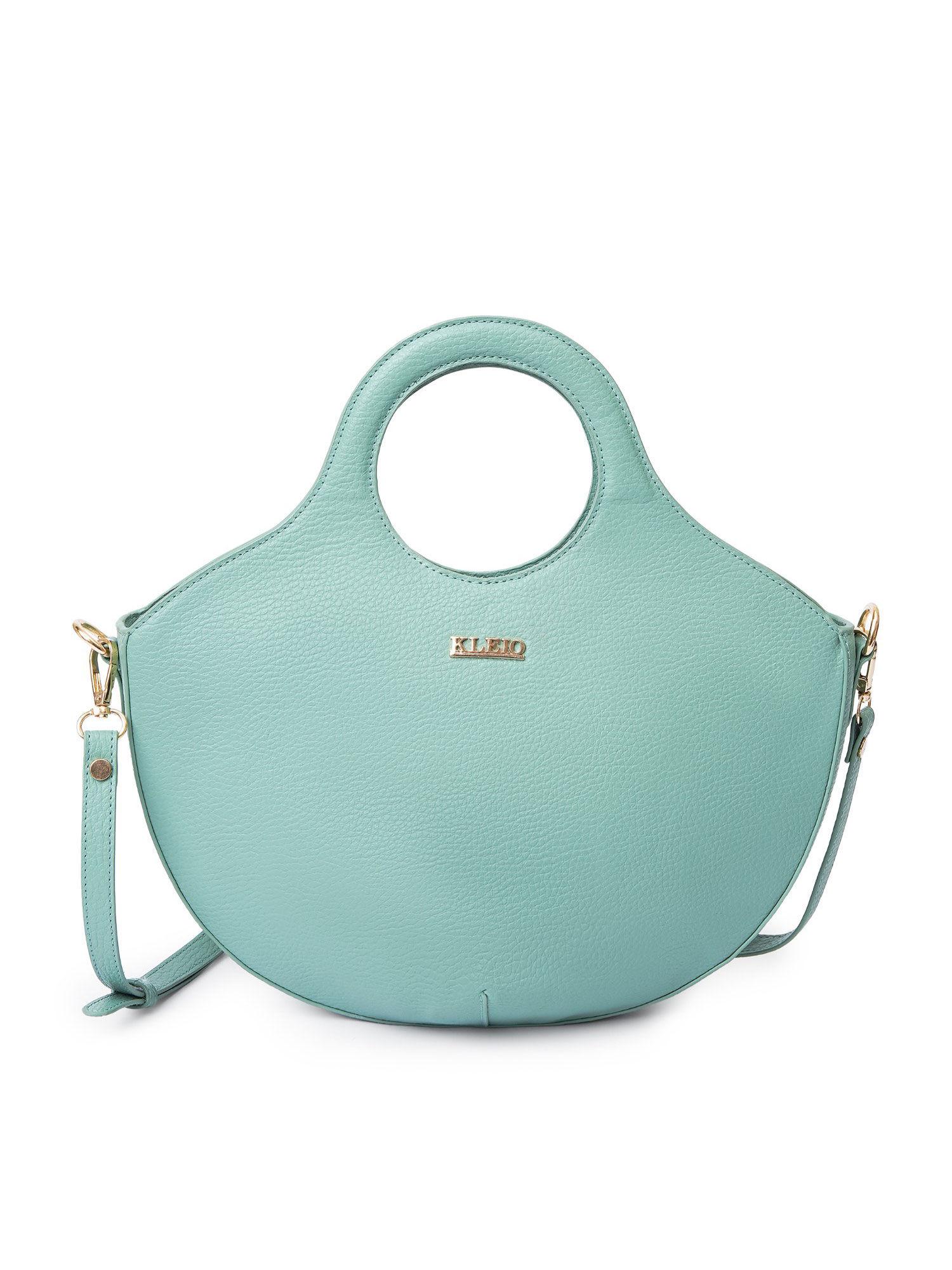 women vegan leather blue curved carryall handbag