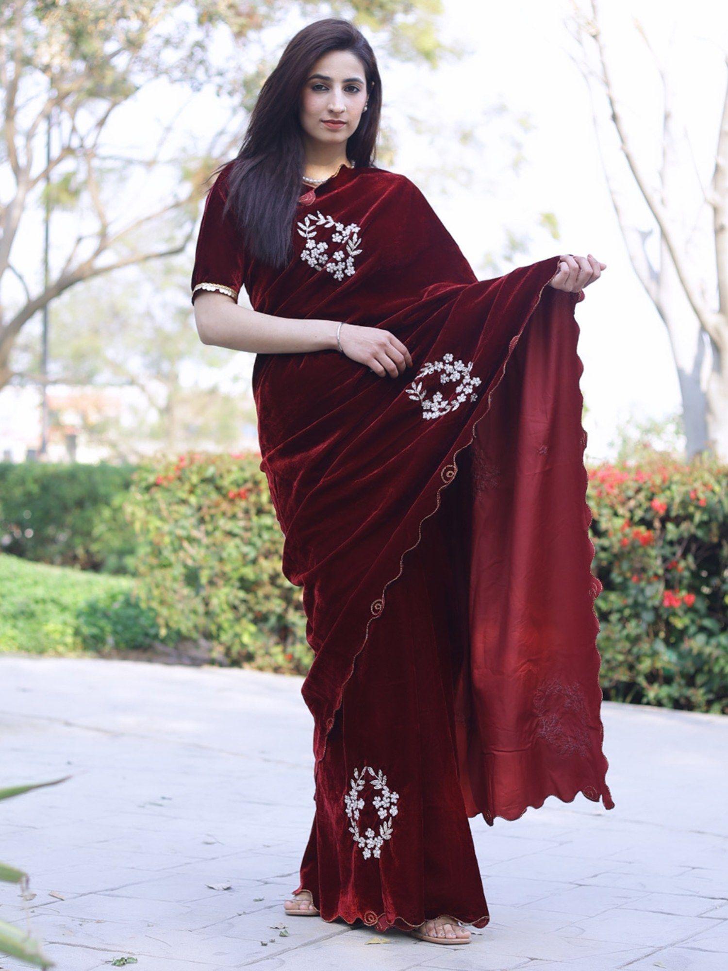 women velvet embroidered maroon saree with unstitched blouse