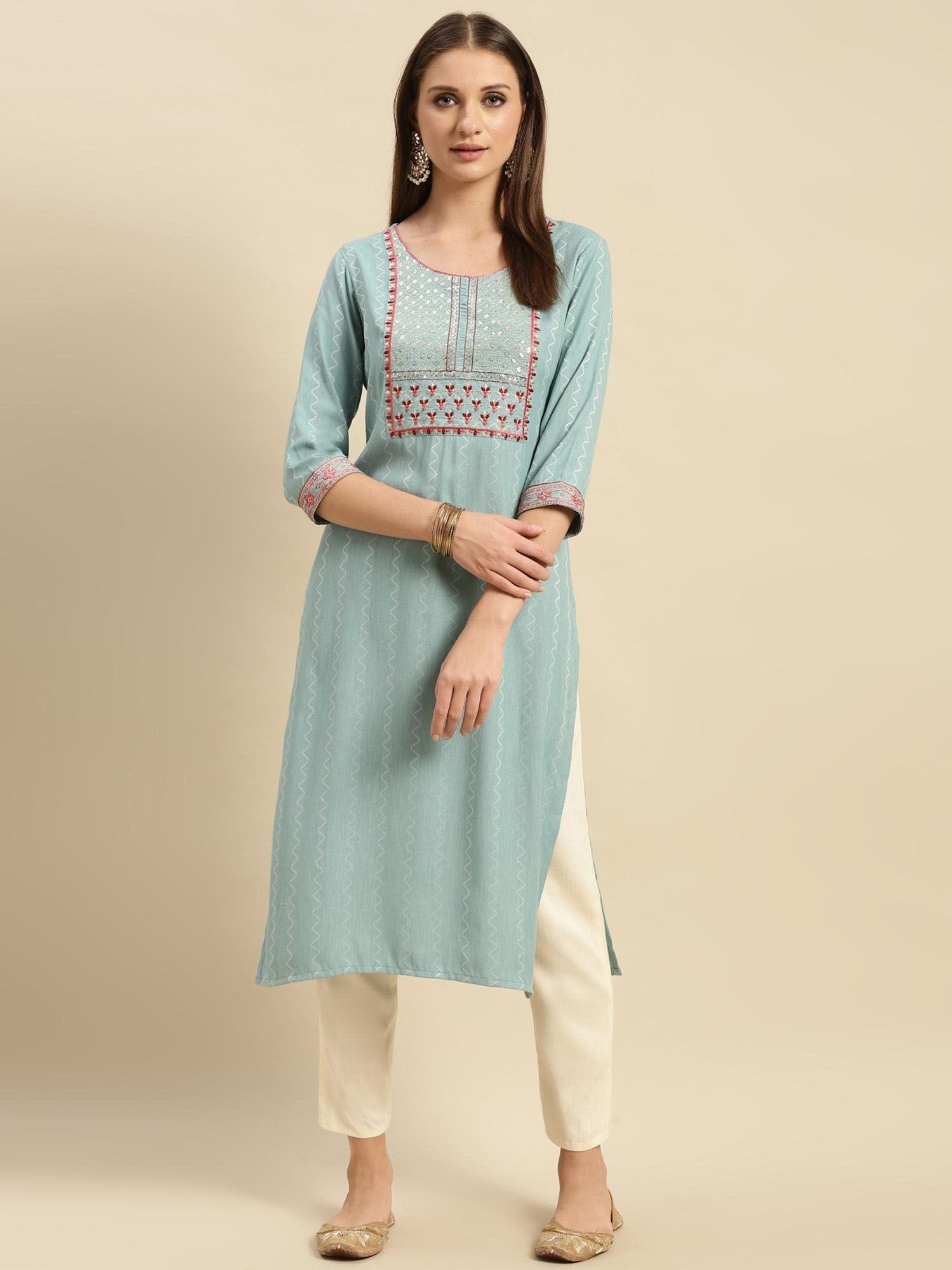 women viscose blend teal yoke embroidered calf length partywear straight kurta