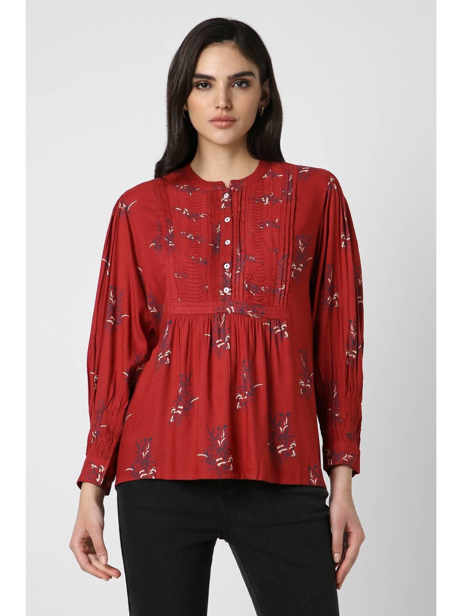 women viscose embroidered regular fit red top