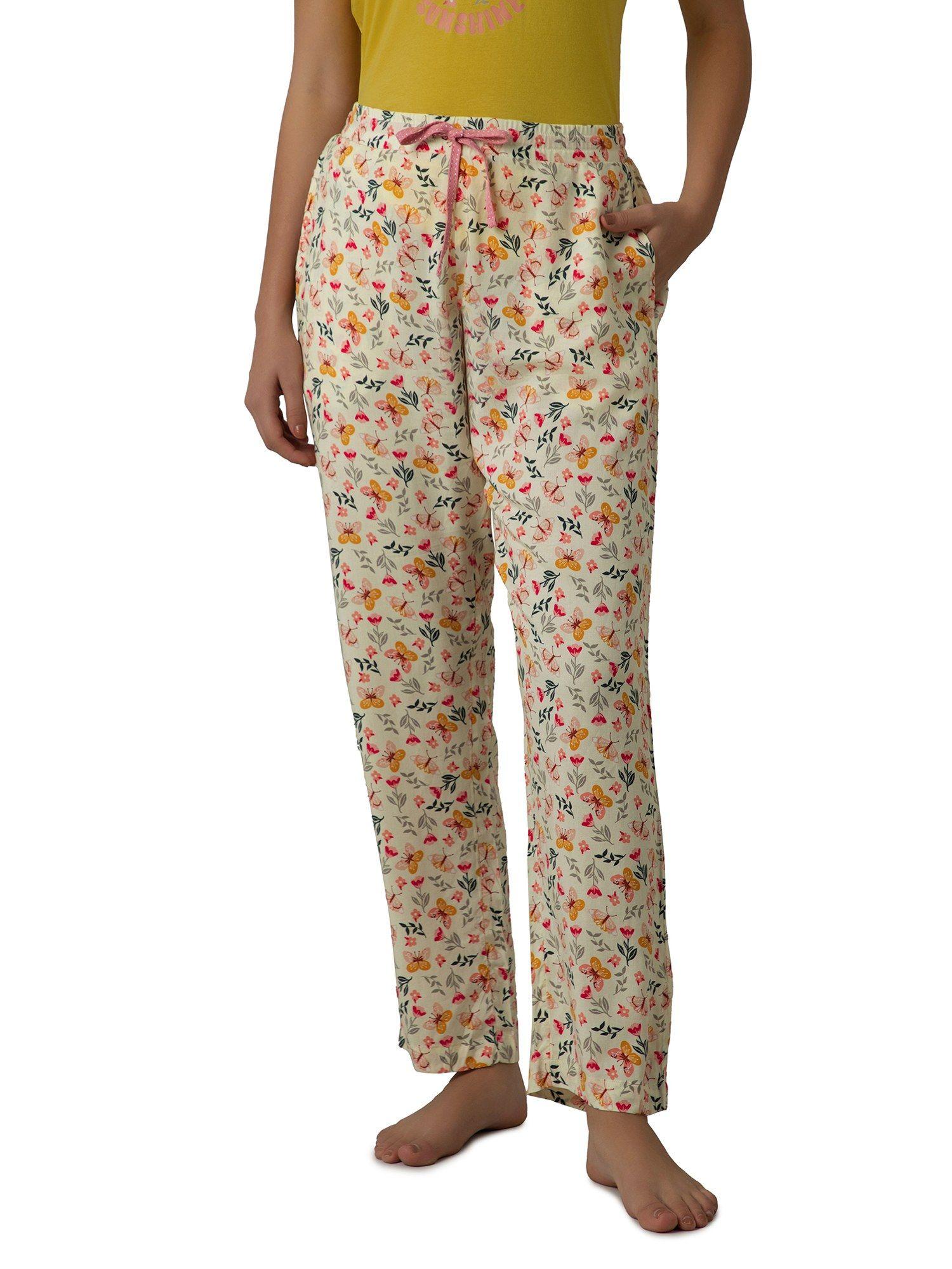 women viscose floral beige pyjama