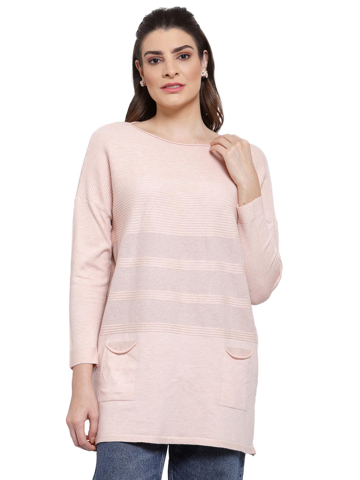 women viscose peach textured round neck sweater