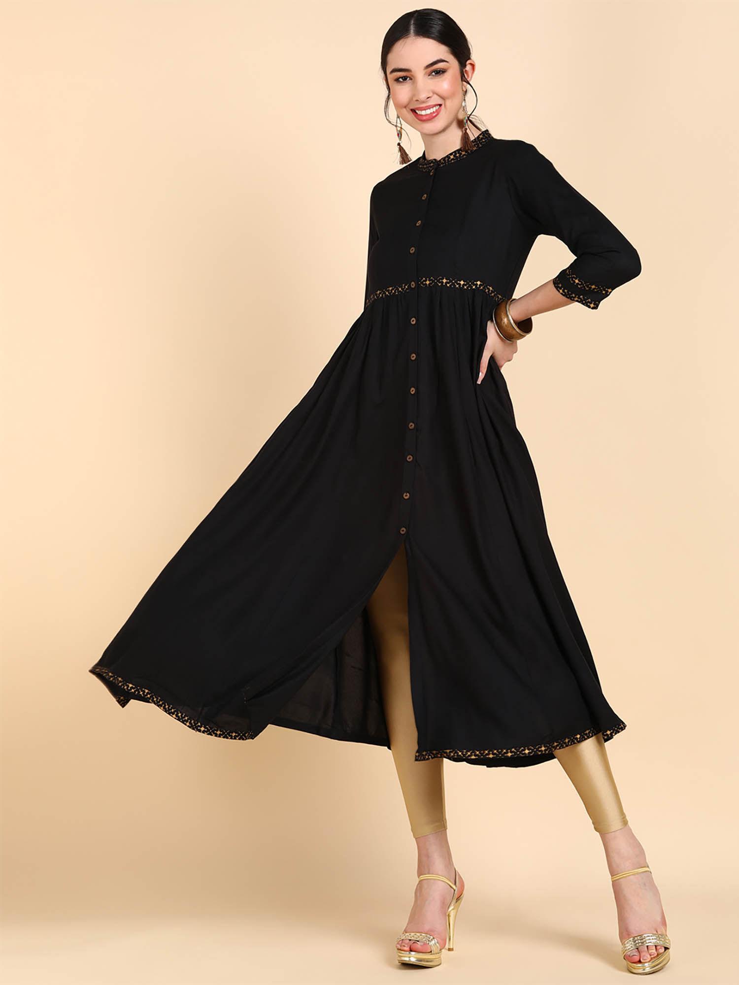 women viscose rayon black solid print a-line kurta