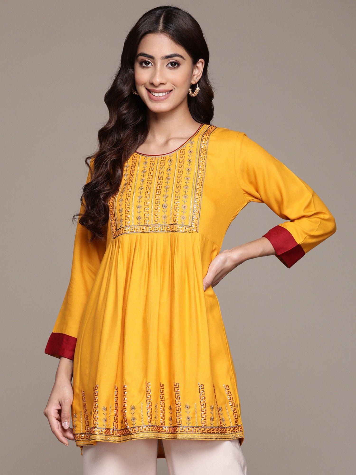 women viscose rayon ethnic motifs printed mustard embroidered a-line kurti