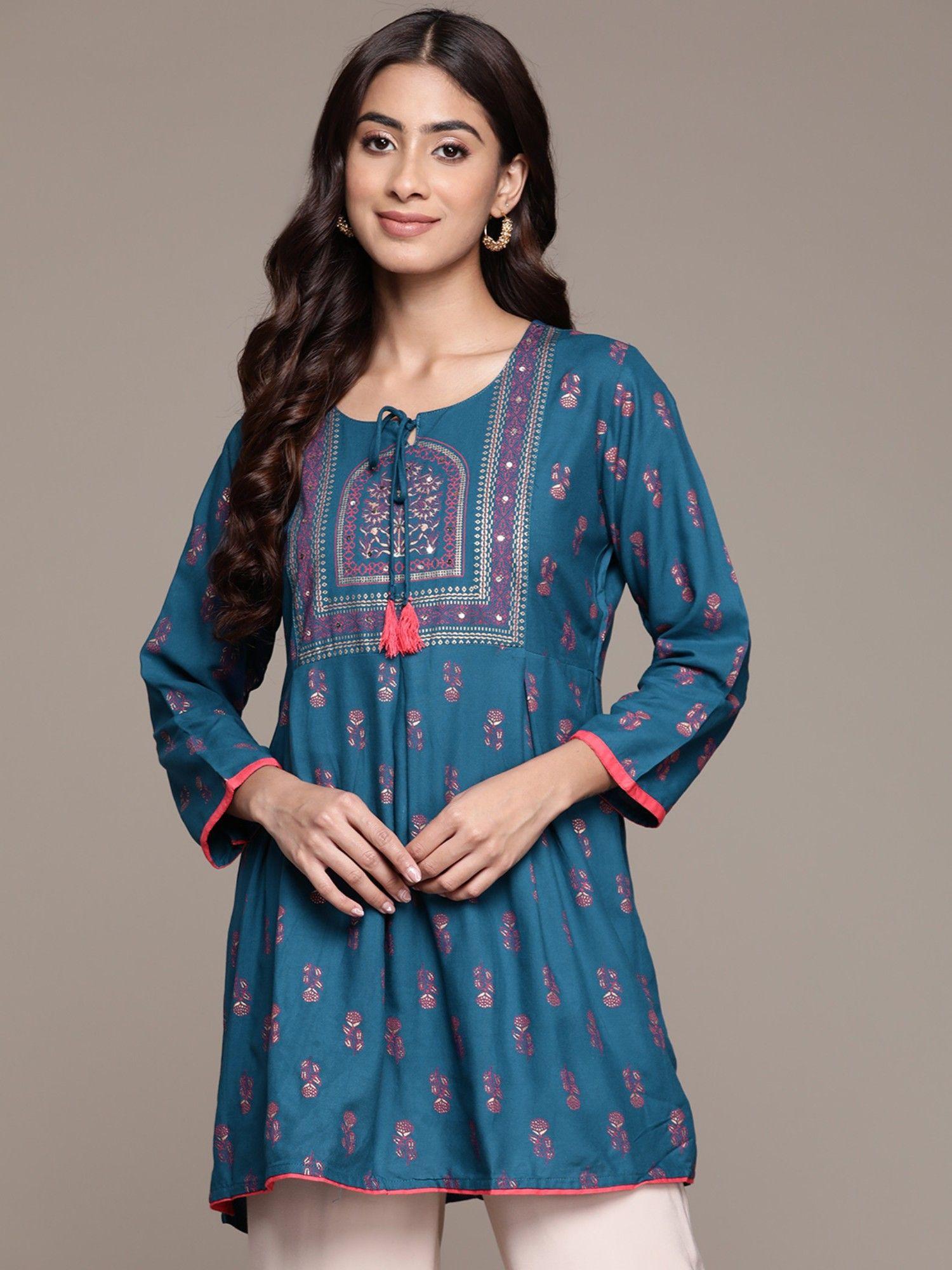 women viscose rayon ethnic motifs printed navy blue printed a-line kurti