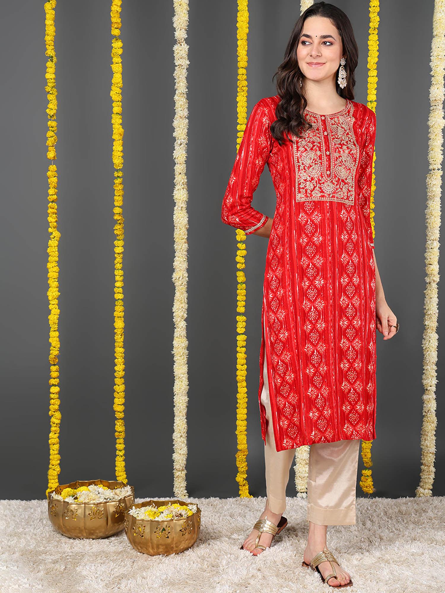 women viscose rayon red ethnic motifs printed straight kurta