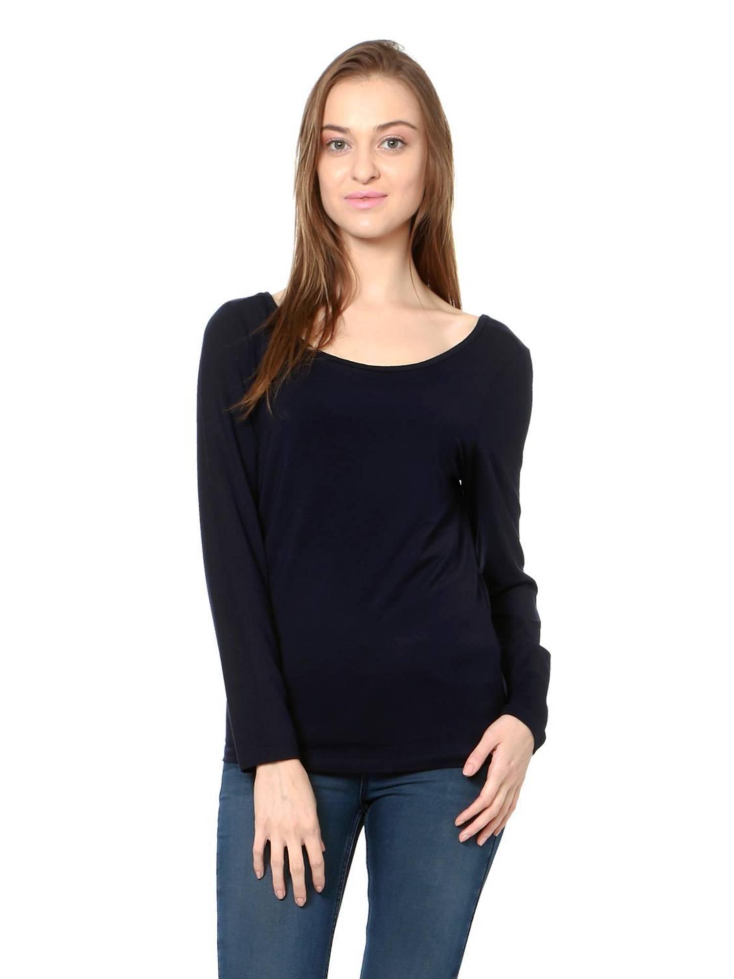 women viscose solid regular fit navy blue top