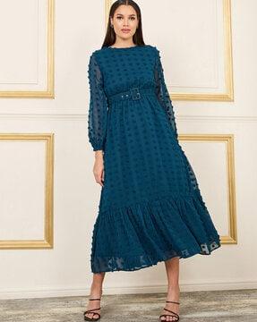 women volume sleeve tiered maxi dress with belt