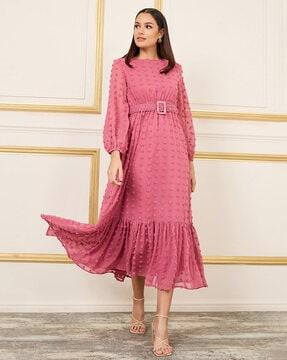 women volume sleeve tiered maxi dress with belt