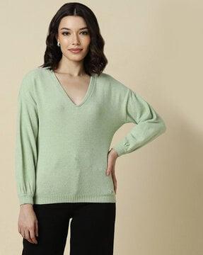 women waffle-knit v-neck pullover