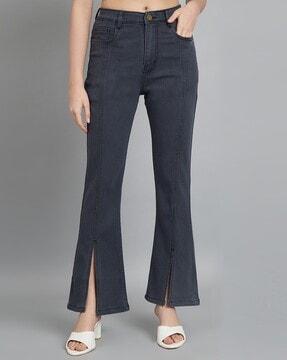 women washed bootcut jeans button closure