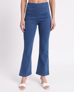 women washed bootcut jeggings with high rise waist