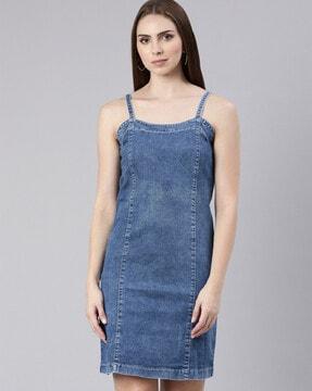 women washed denim a-line dress