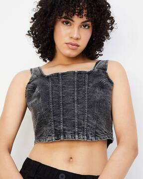 women washed denim bralette top