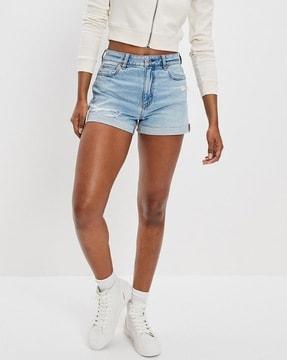 women washed denim shorts