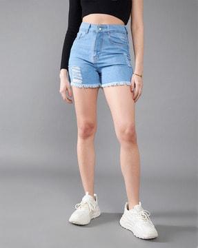 women washed distressed denim shorts