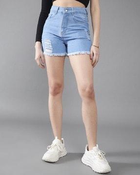 women washed distressed denim shorts